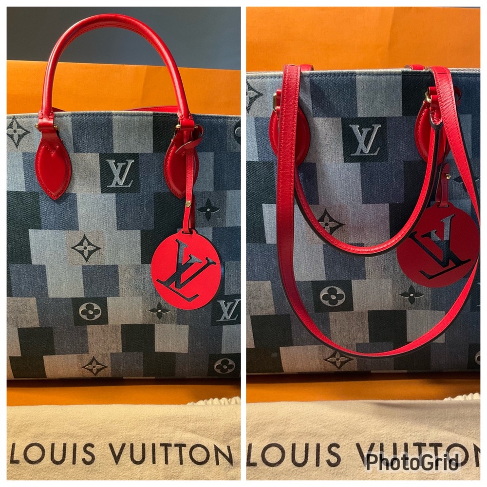 Authentic Louis Vuitton Limited Edition Denim Patchwork Rouge On The Go Tote GM
